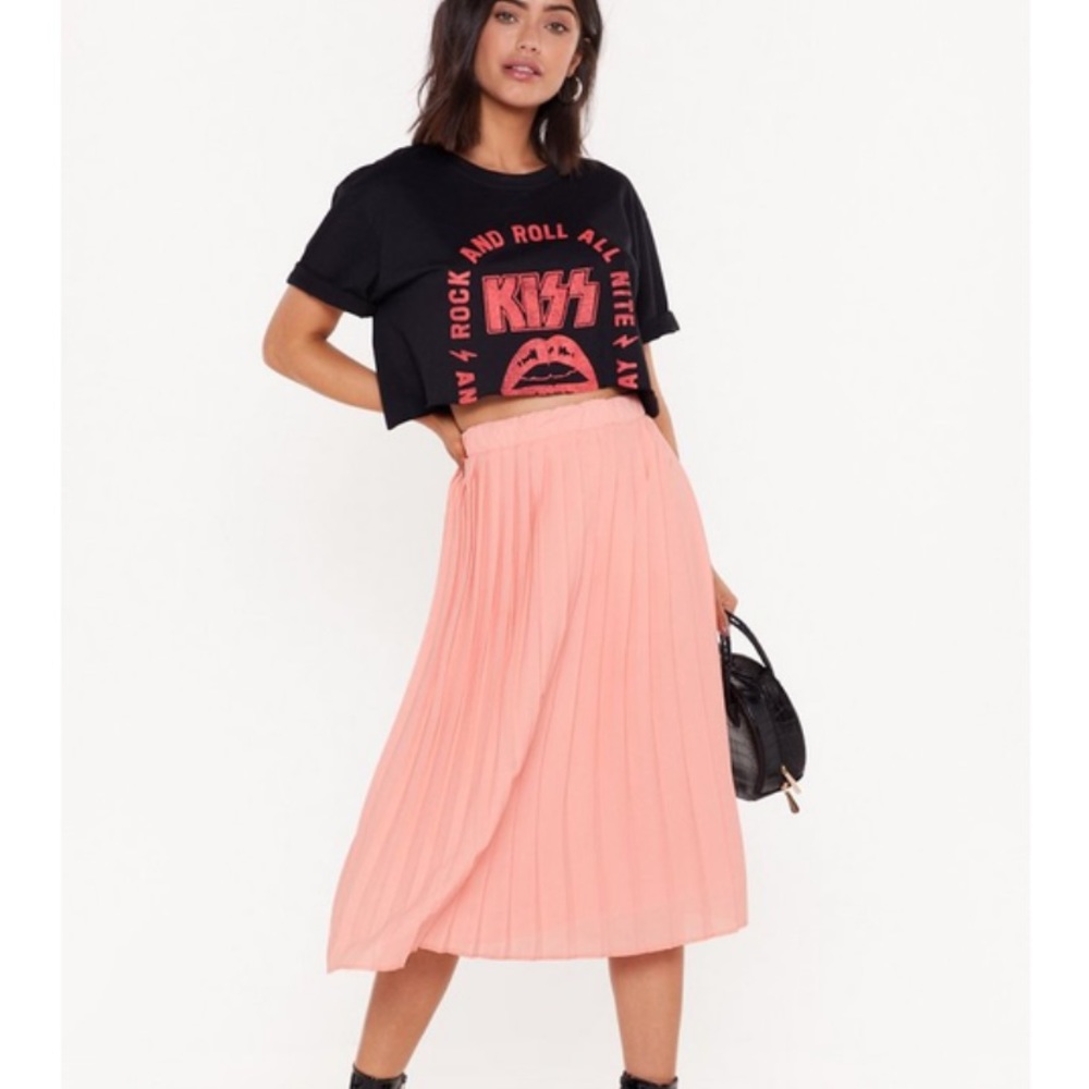 NASTYGAL Pleated High Waist Mid Skirt Peachy elegant m semi formal flare sz 8